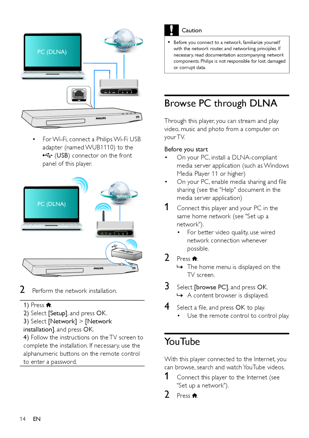 Philips BDP3305, BDP3310 user manual Browse PC through Dlna, YouTube, USB connector on the front panel of this player 