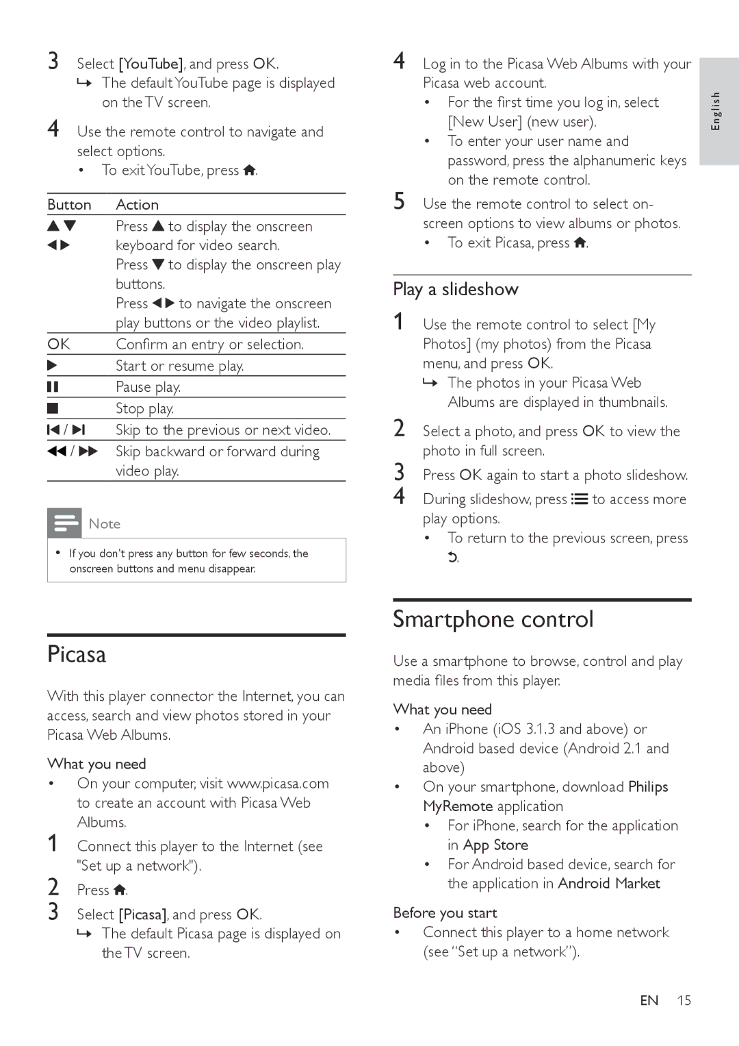 Philips BDP3310, BDP3305 user manual Picasa, Smartphone control, Play a slideshow 