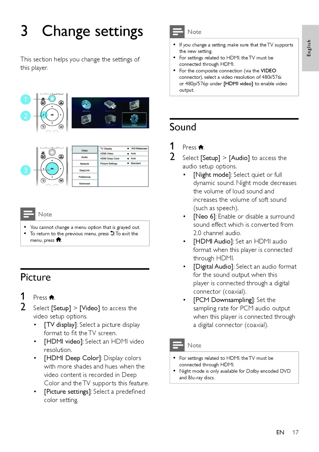 Philips BDP3310, BDP3305 user manual Change settings, Picture, Sound 