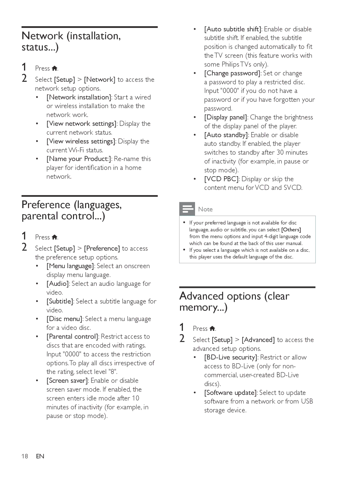 Philips BDP3305, BDP3310 user manual Network installation, status, Advanced options clear memory 