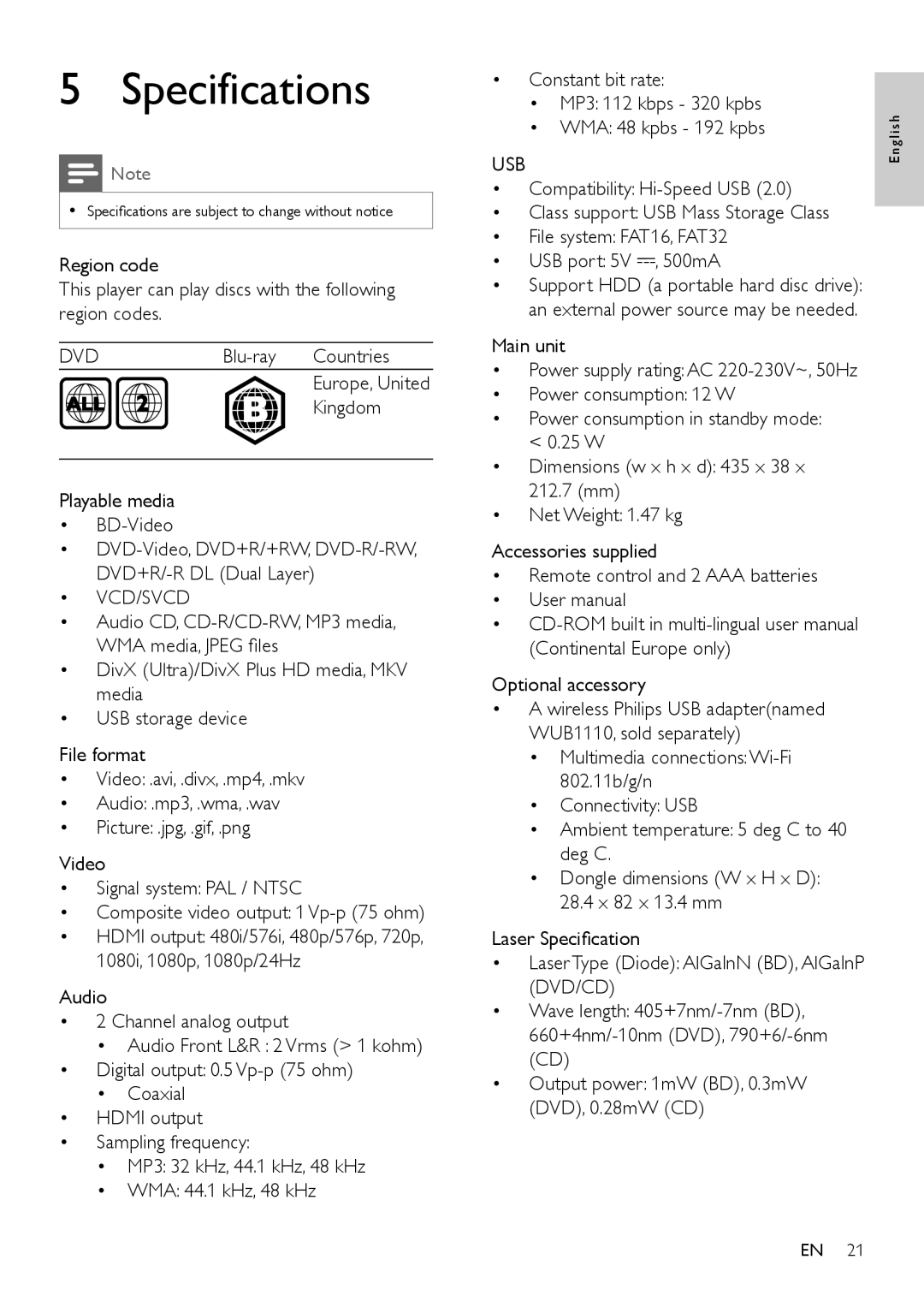 Philips BDP3310, BDP3305 user manual Specifications 