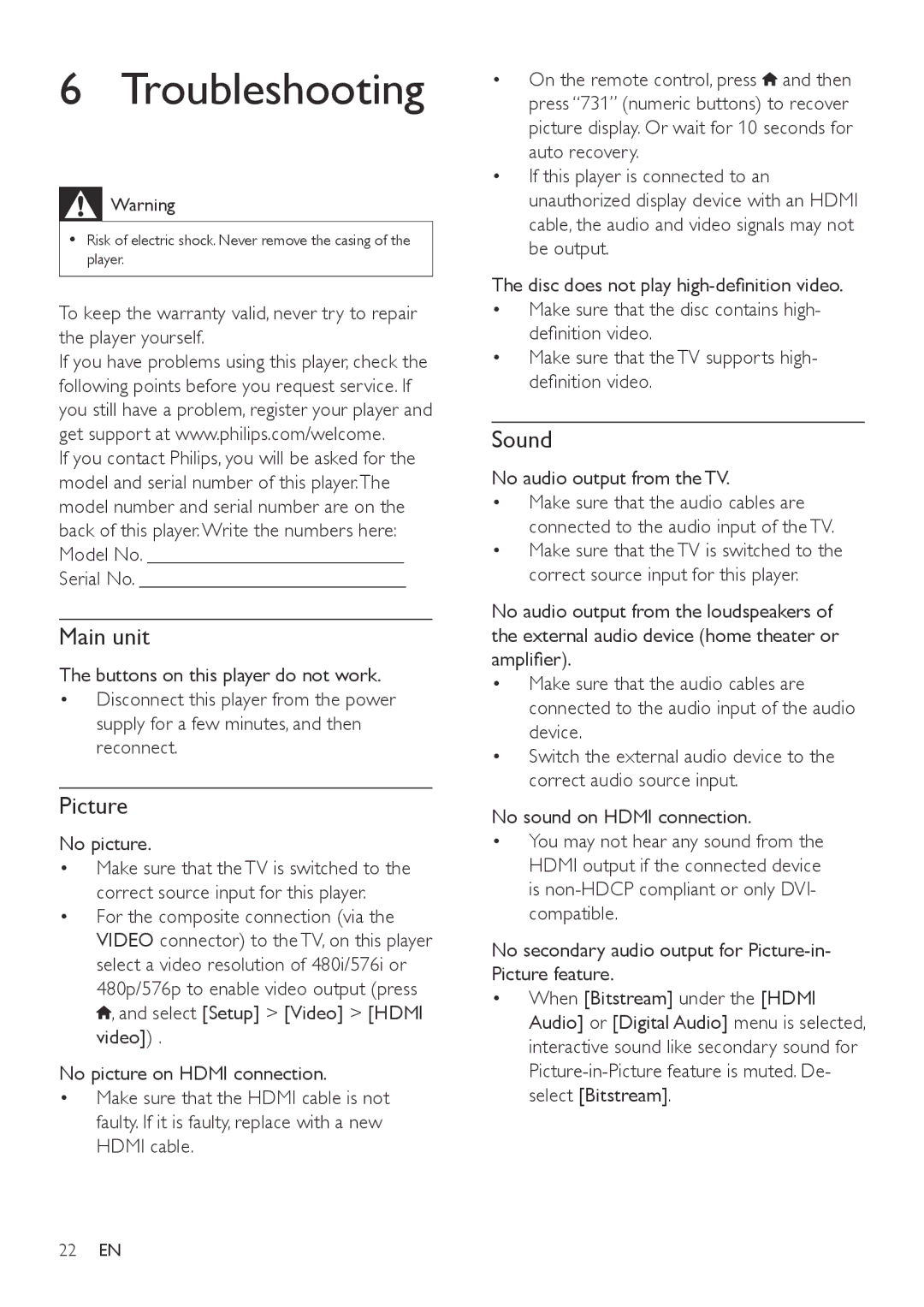 Philips BDP3305, BDP3310 user manual Troubleshooting, Main unit, Picture, Sound 