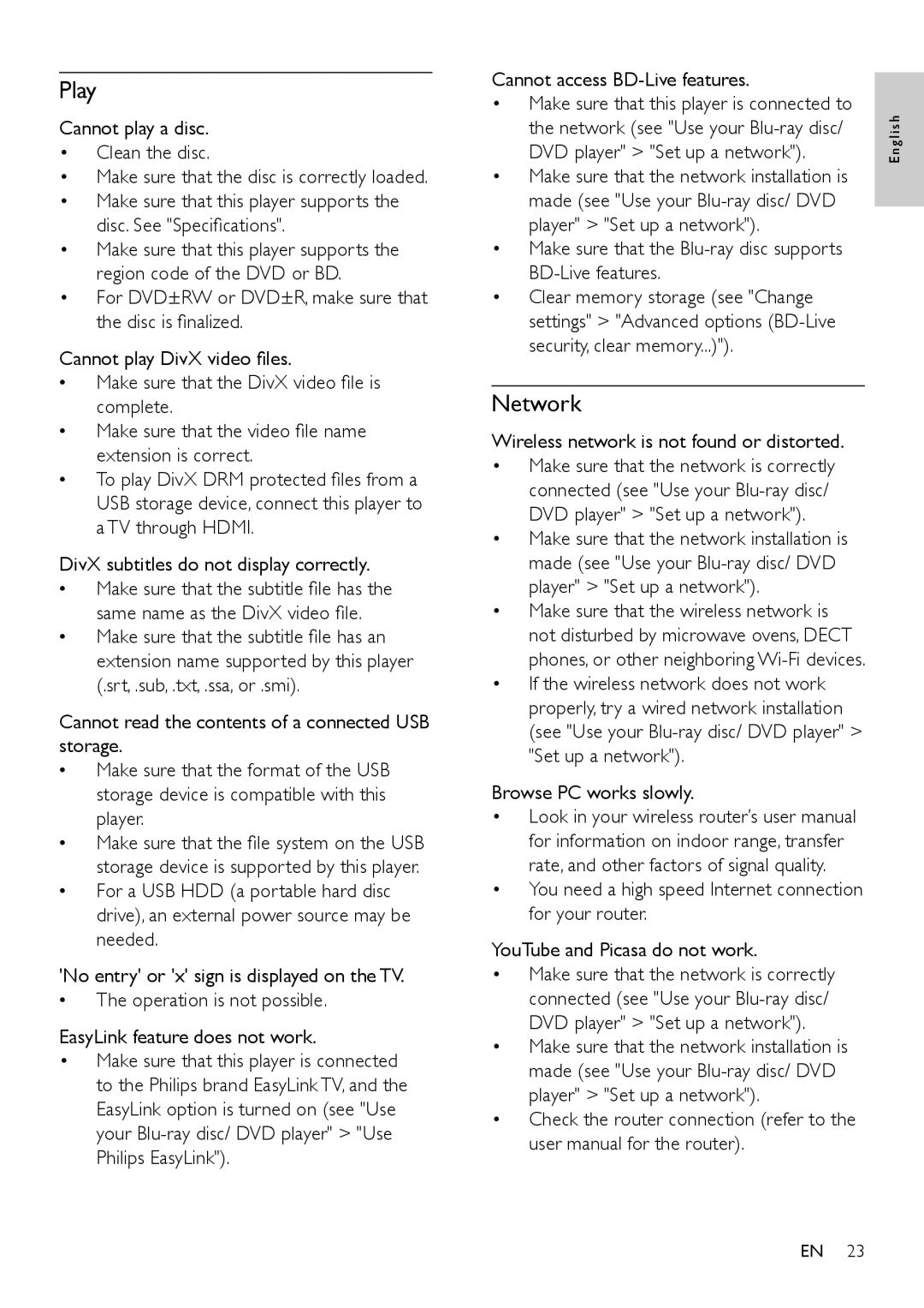 Philips BDP3310, BDP3305 user manual Play, Network, Make sure that the Blu-ray disc supports BD-Live features 