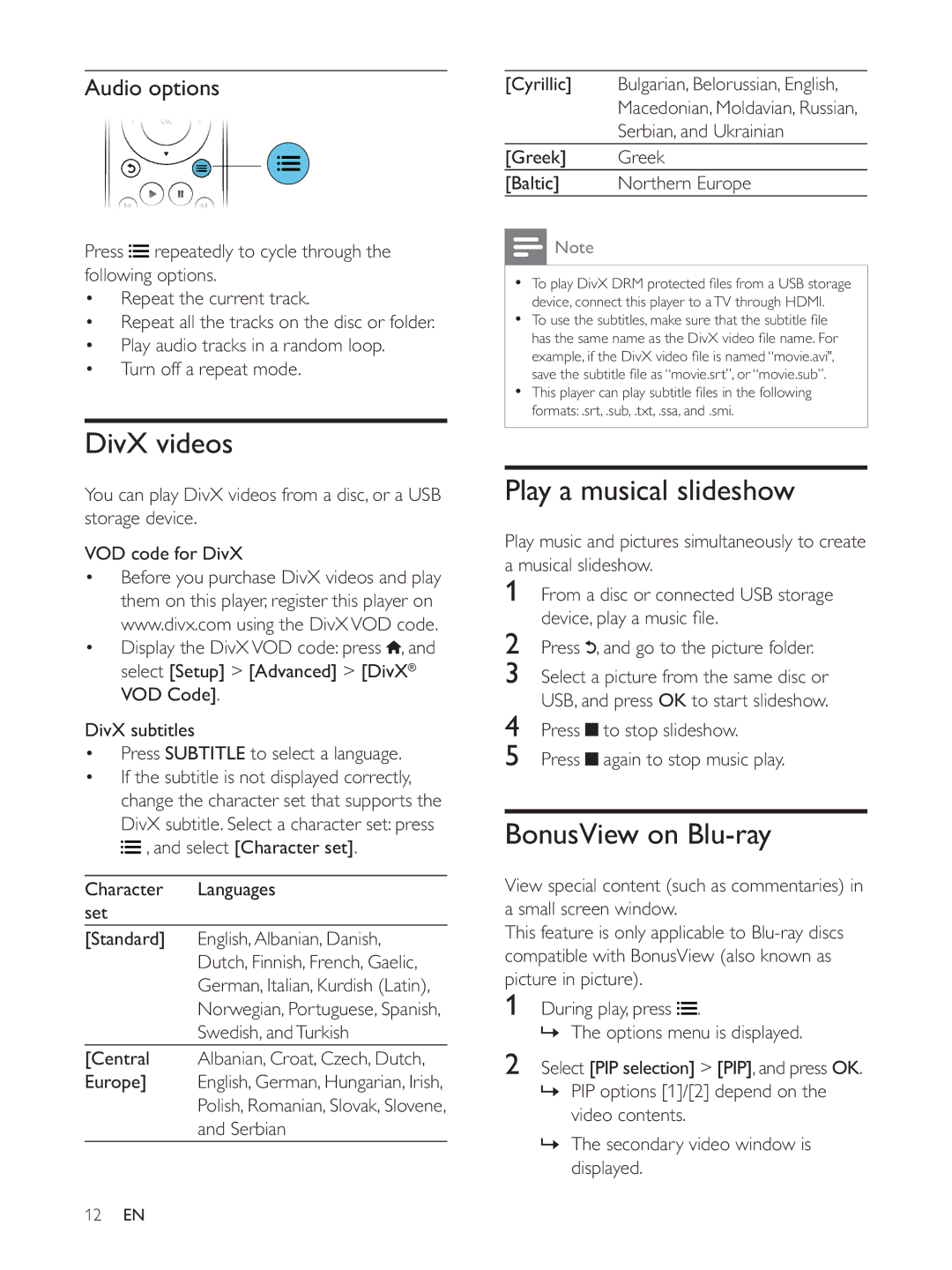 Philips BDP3382, BDP3390, BDP3380 user manual DivX videos, Play a musical slideshow, BonusView on Blu-ray, Audio options 
