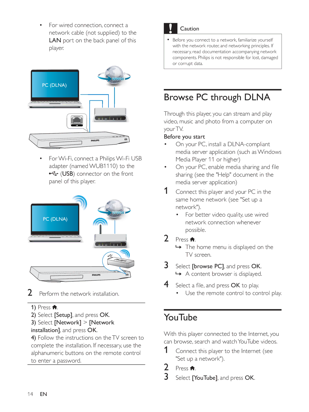 Philips BDP3380, BDP3390, BDP3382 Browse PC through Dlna, YouTube, OK to play Use the remote control to control play 