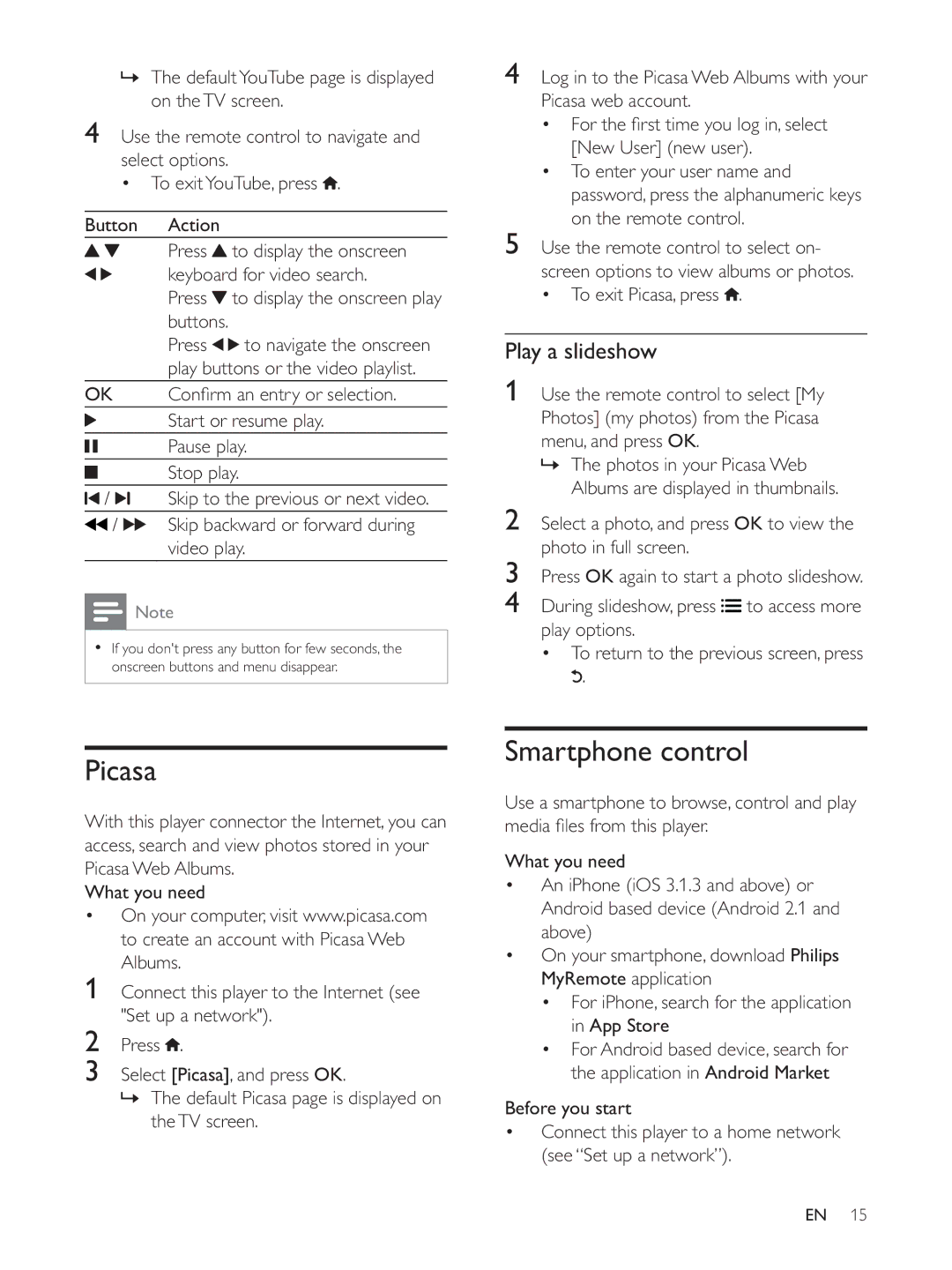 Philips BDP3382, BDP3390, BDP3380 user manual Picasa, Smartphone control, Play a slideshow 