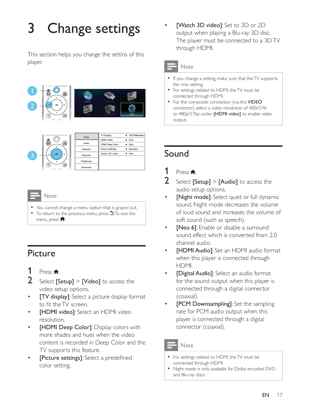 Philips BDP3380, BDP3390, BDP3382 Change settings, Picture, Sound, This section helps you change the settins of this player 