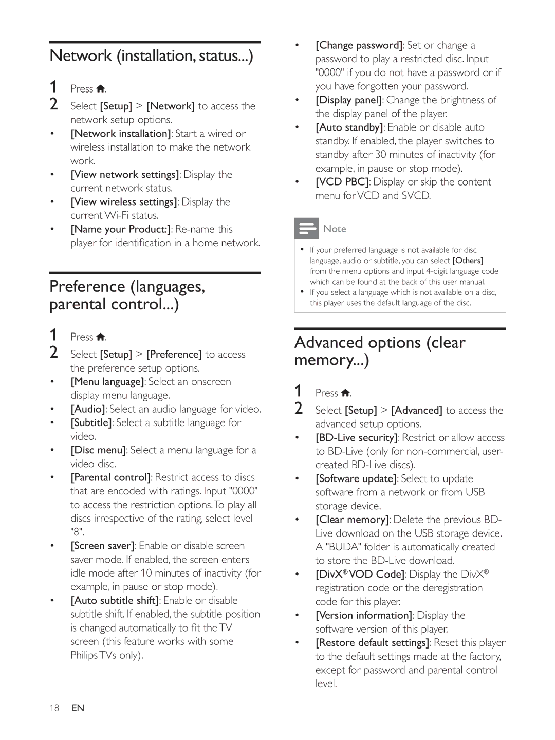 Philips BDP3382, BDP3390, BDP3380 user manual Network installation, status, Advanced options clear memory 