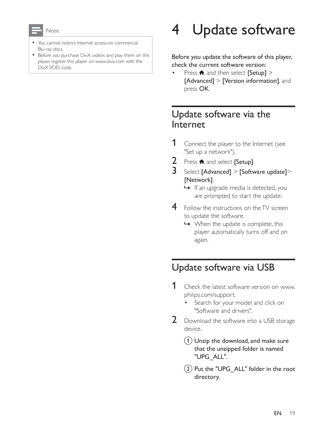 Philips BDP3390, BDP3380, BDP3382 user manual Update software via the Internet, Update software via USB 