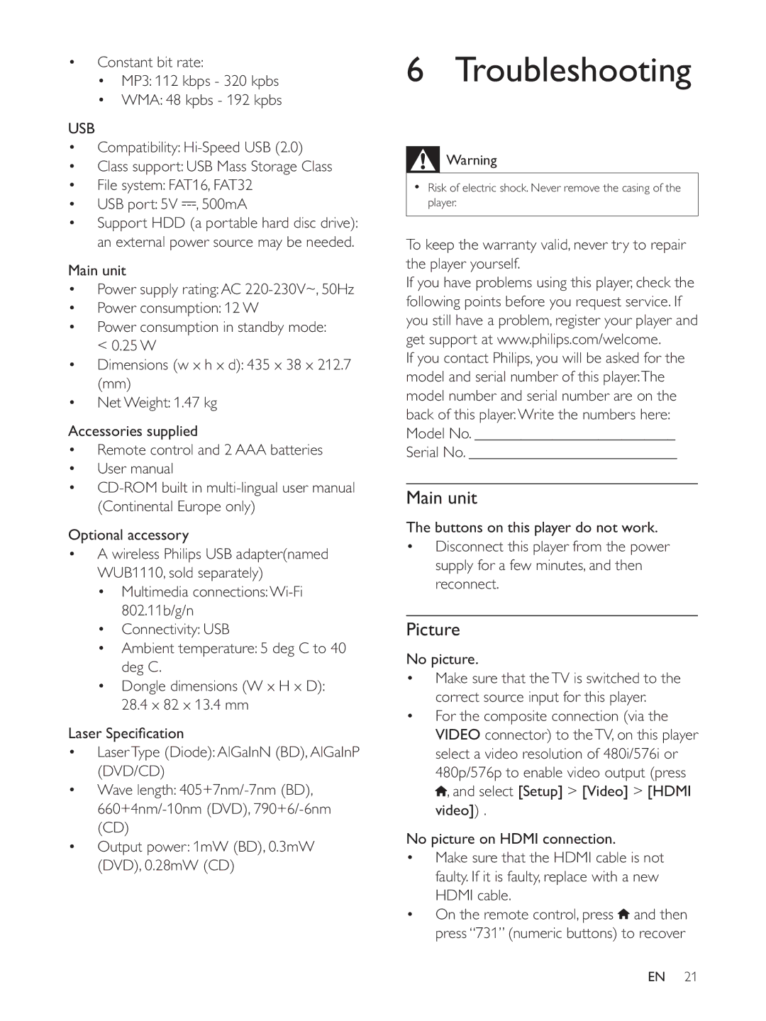 Philips BDP3382, BDP3390, BDP3380 user manual Troubleshooting, Main unit, Picture, Usb 