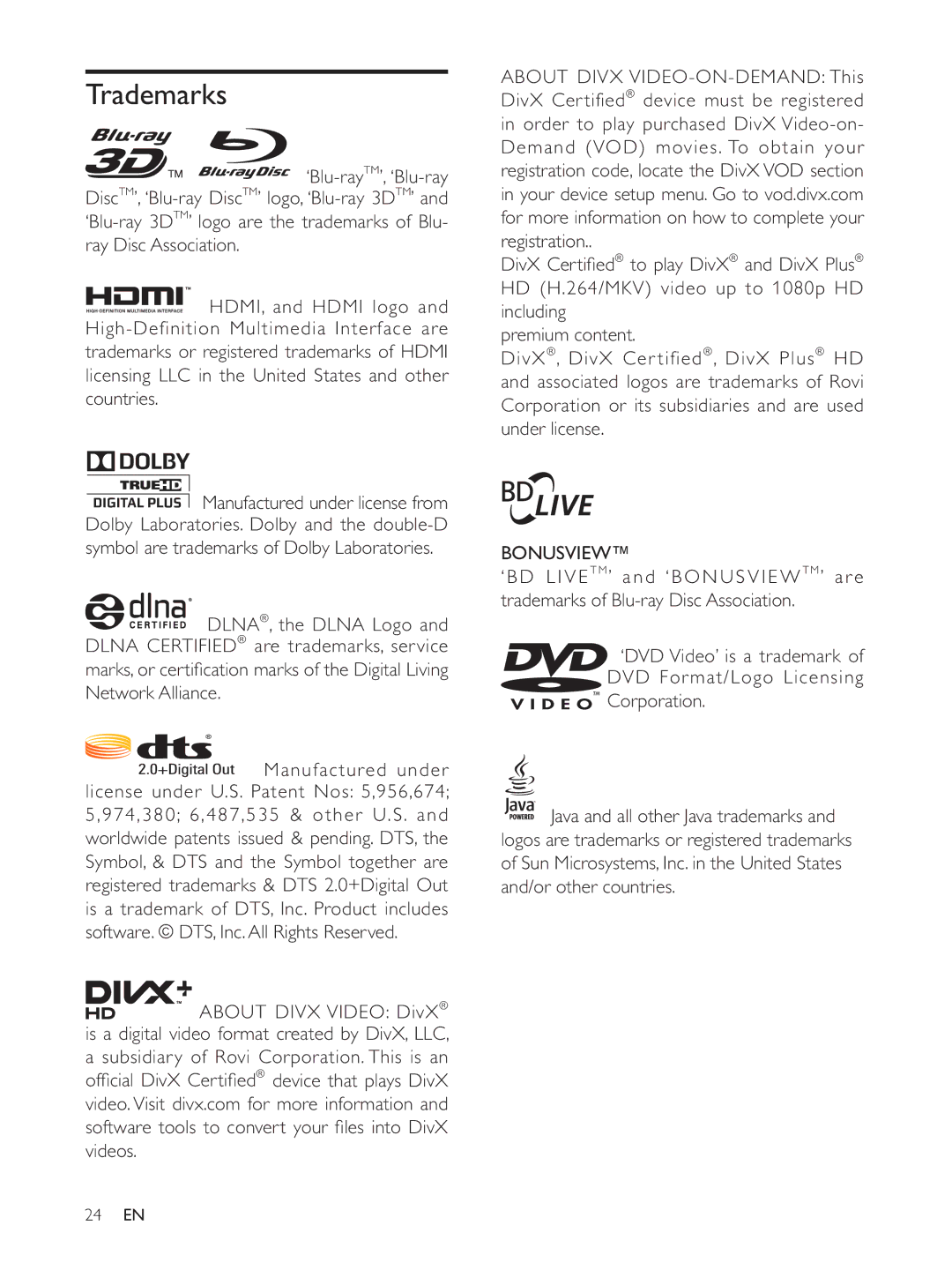 Philips BDP3382, BDP3390, BDP3380 user manual Trademarks, Network Alliance, Bonusview 