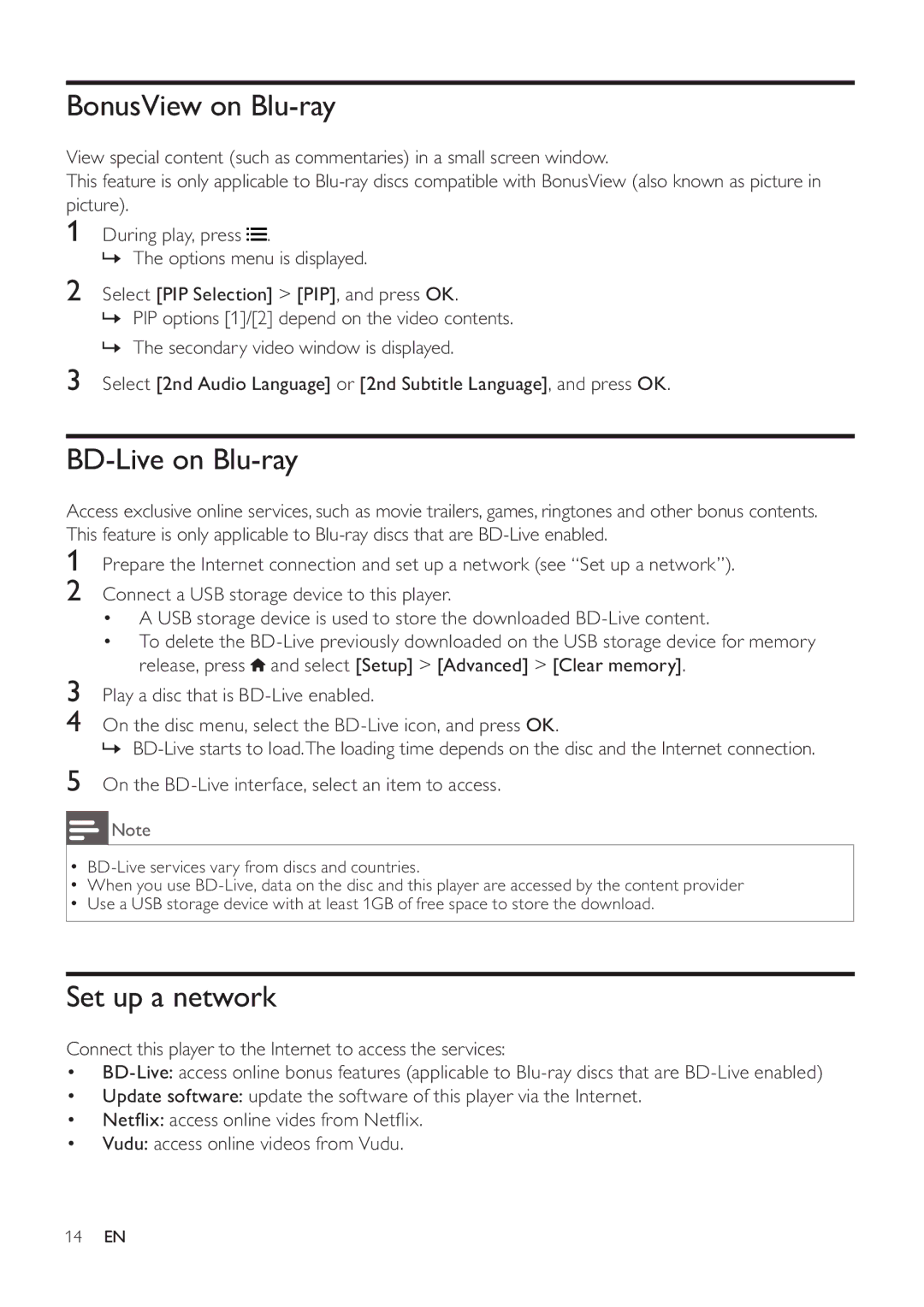 Philips BDP3406/F7 user manual BonusView on Blu-ray, BD-Live on Blu-ray, Set up a network 