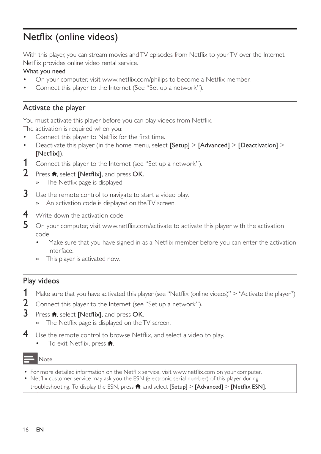Philips BDP3406/F7 user manual Netﬂix online videos, Activate the player 