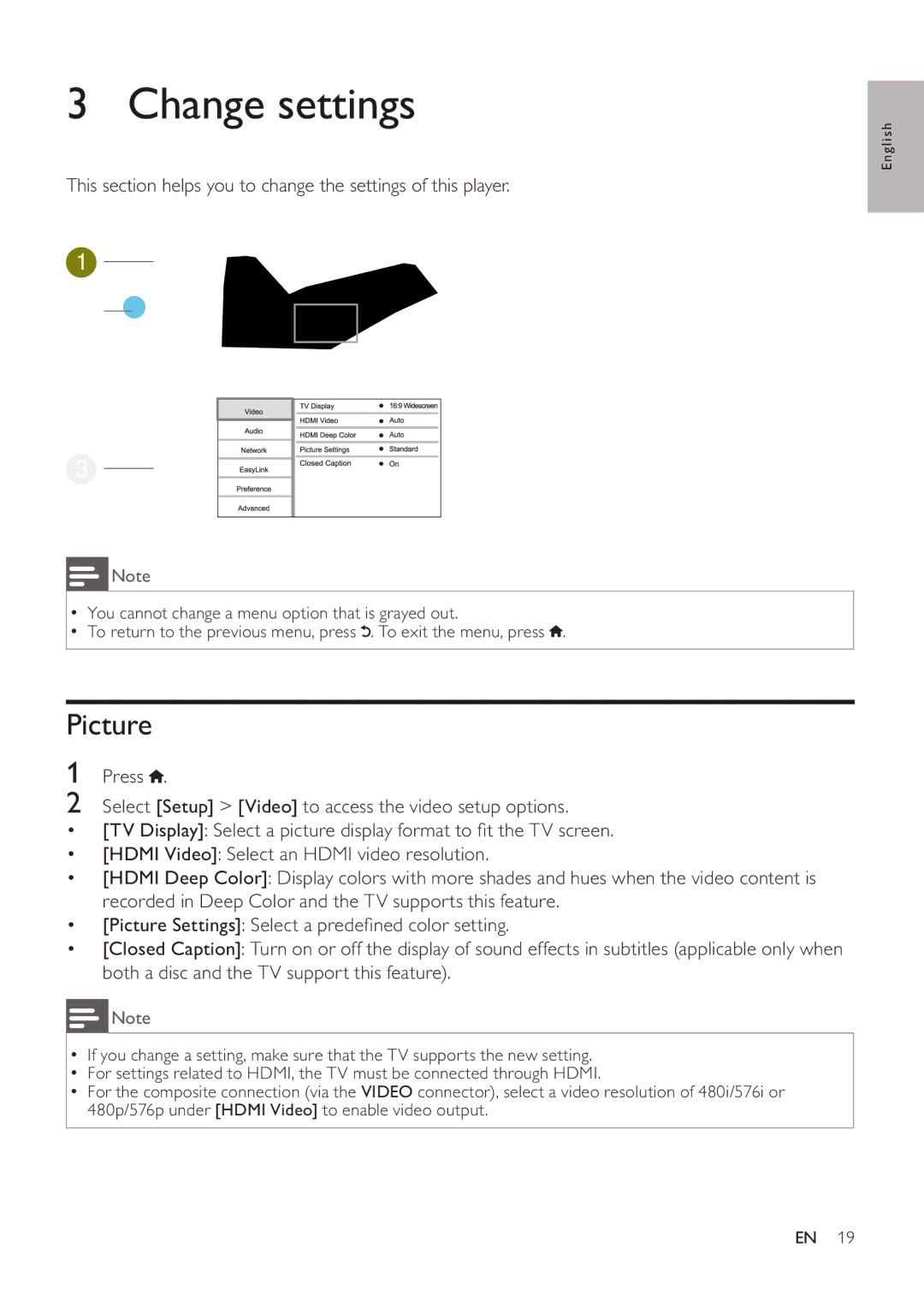 Philips BDP3406/F7 user manual Change settings, Picture 