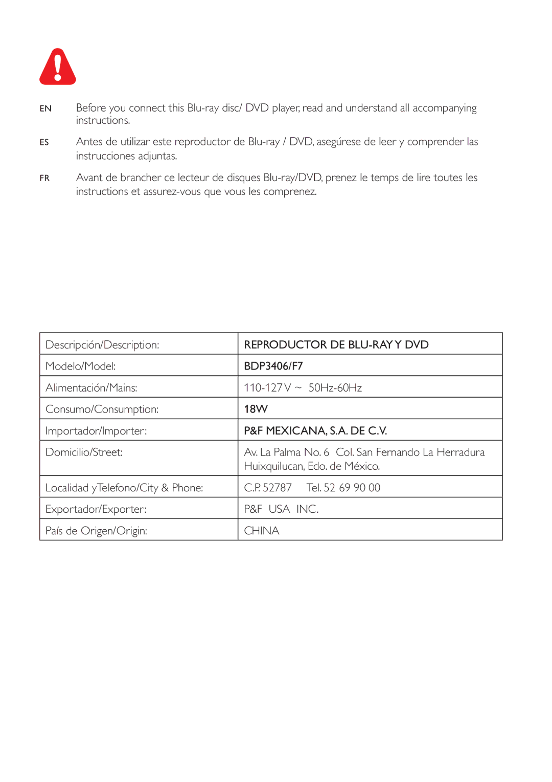 Philips BDP3406/F7 user manual Usa Inc 