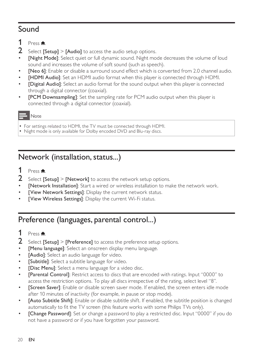 Philips BDP3406/F7 user manual Sound, Network installation, status, Preference languages, parental control 