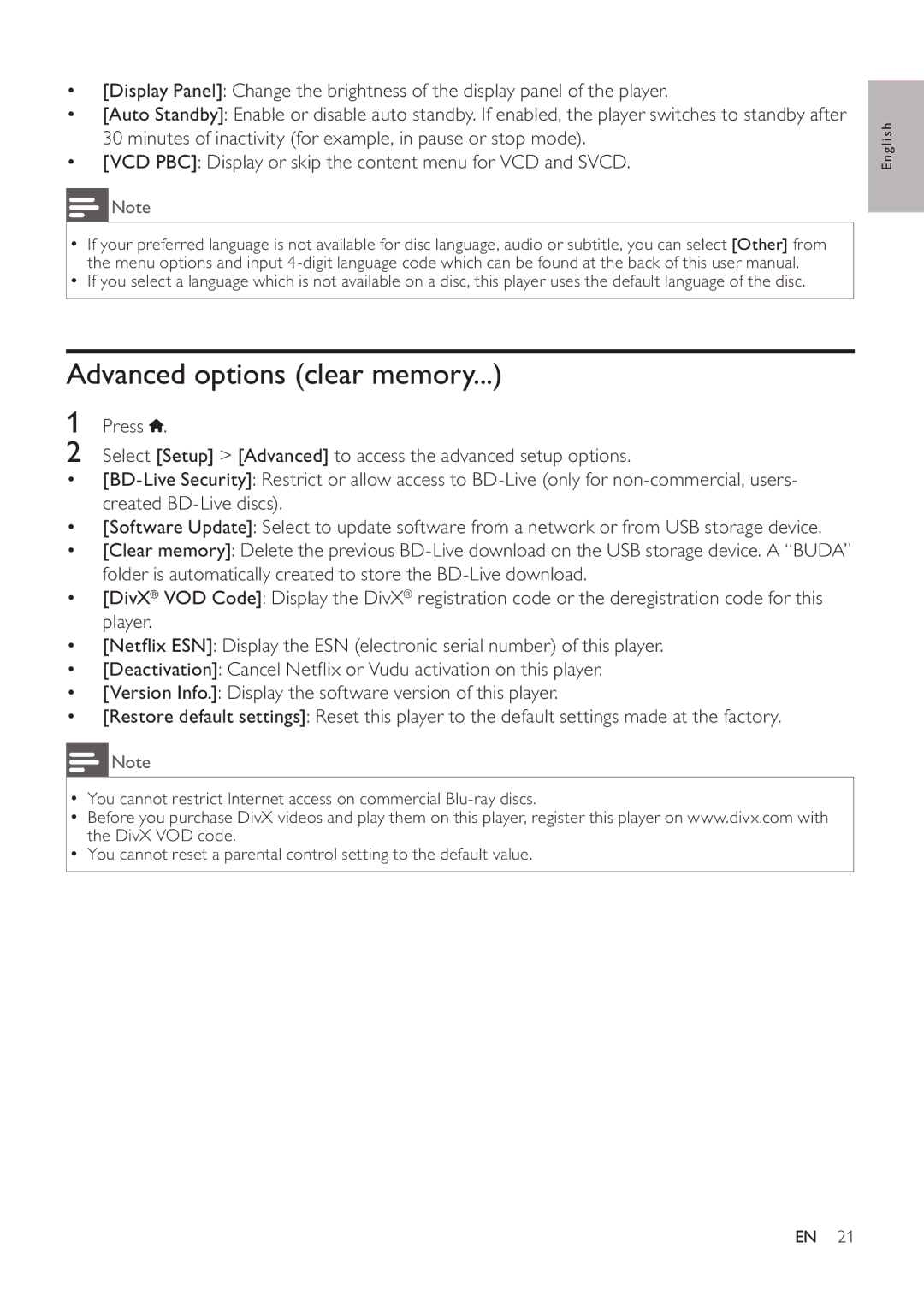 Philips BDP3406/F7 user manual Advanced options clear memory 