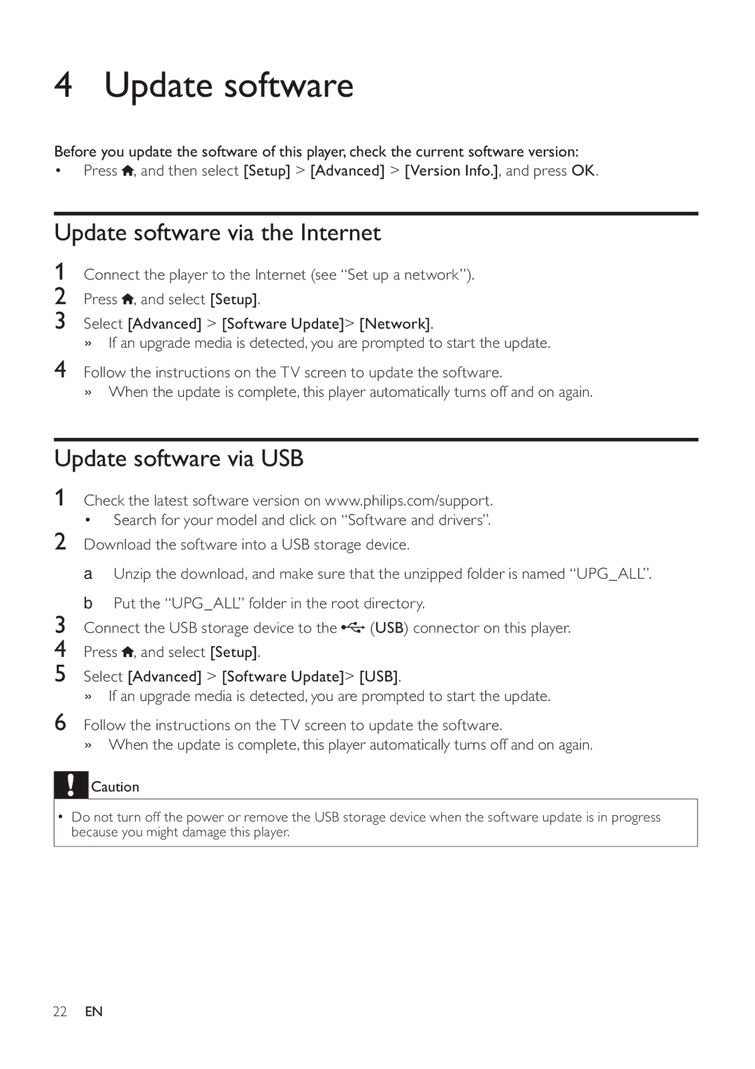 Philips BDP3406/F7 user manual Update software via the Internet, Update software via USB 