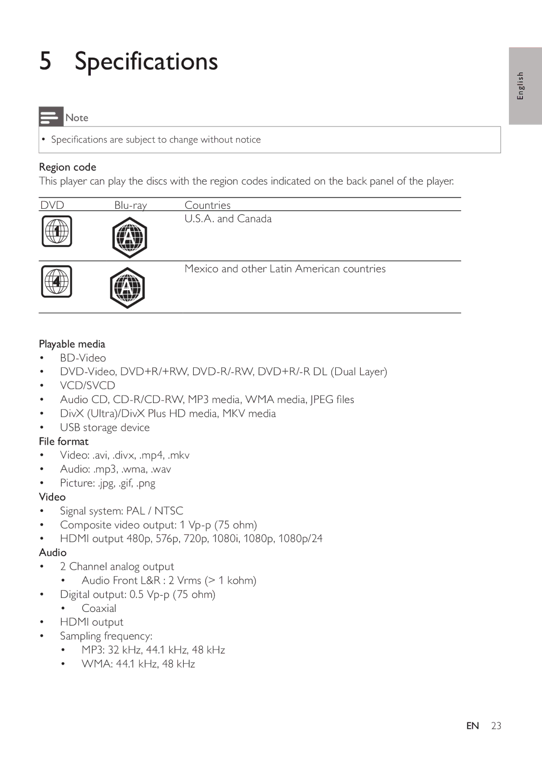 Philips BDP3406/F7 user manual Specifications 