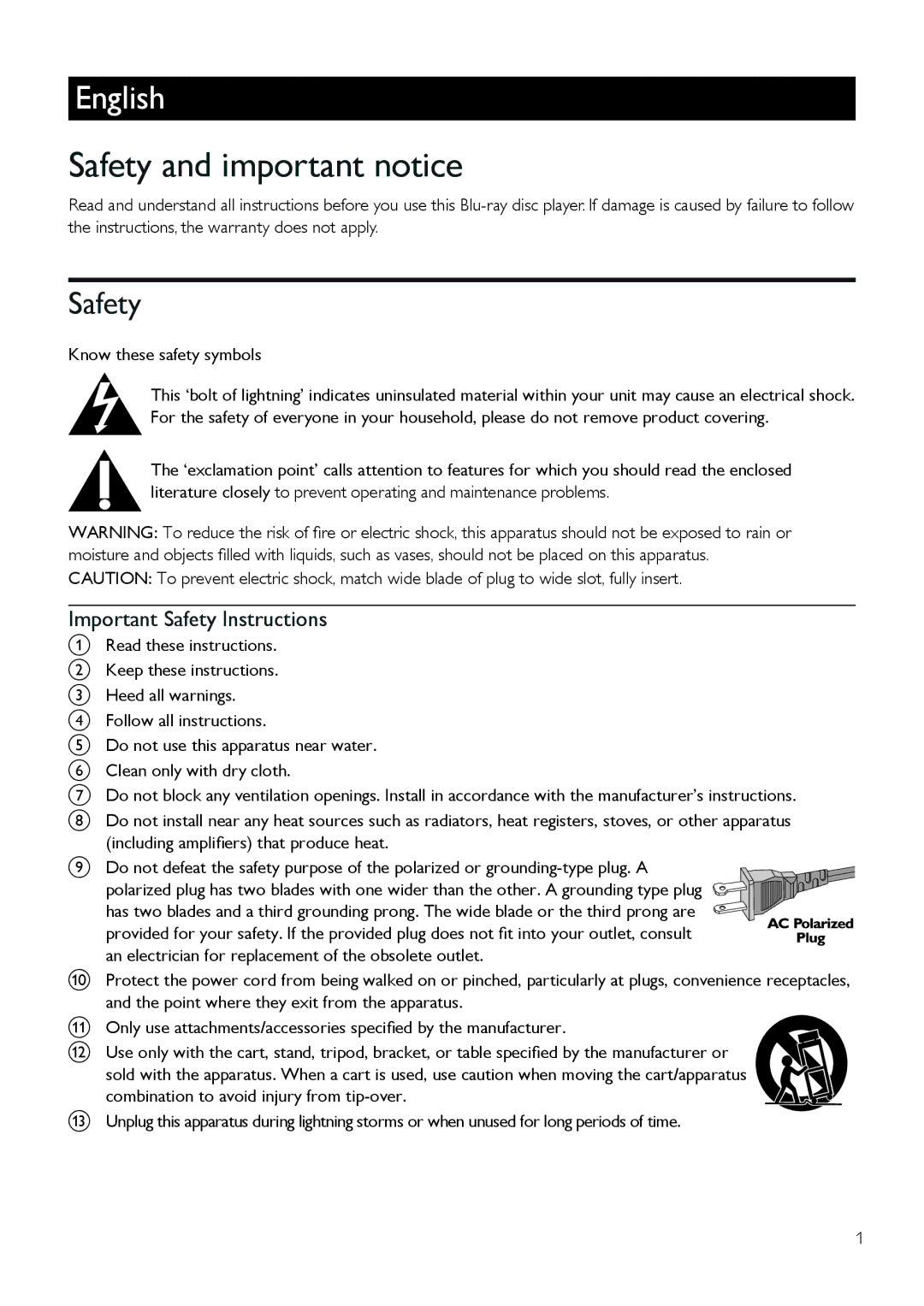 Philips BDP3406/F7 user manual Important Safety Instructions, Know these safety symbols 