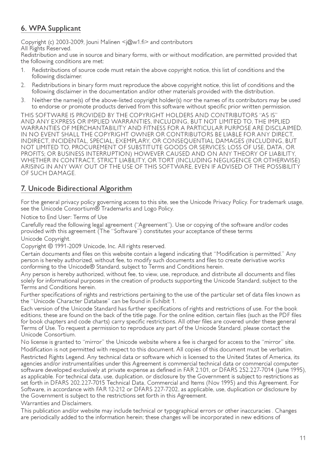 Philips BDP3406/F7 user manual WPA Supplicant, Unicode Bidirectional Algorithm, Warranties and Disclaimers 