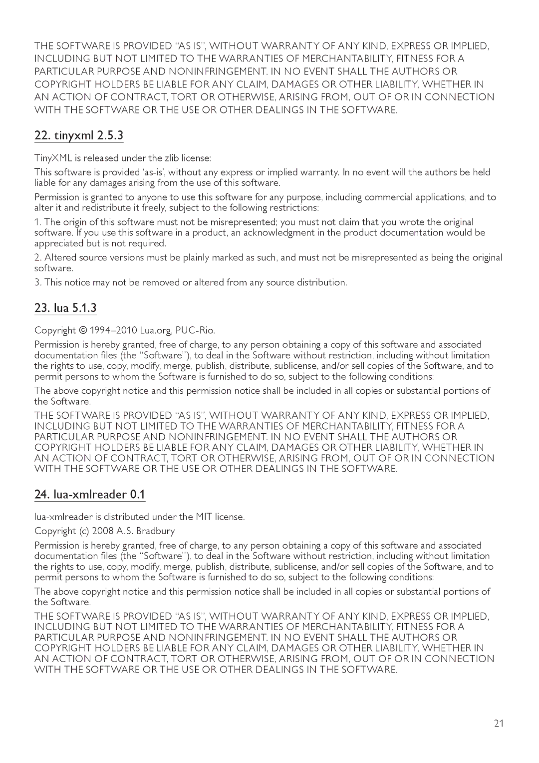 Philips BDP3406/F7 user manual Tinyxml, Lua-xmlreader, Copyright 1994-2010 Lua.org, PUC-Rio 