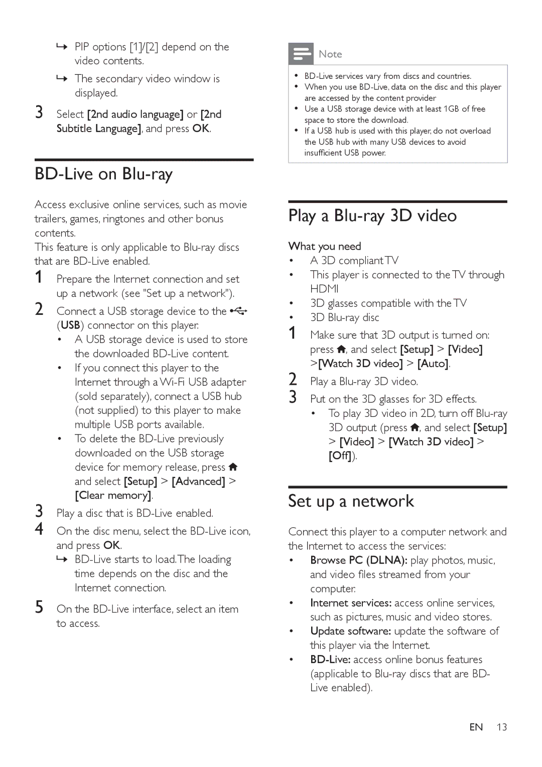 Philips BDP3480 user manual BD-Live on Blu-ray, Play a Blu-ray 3D video, Set up a network, Hdmi 