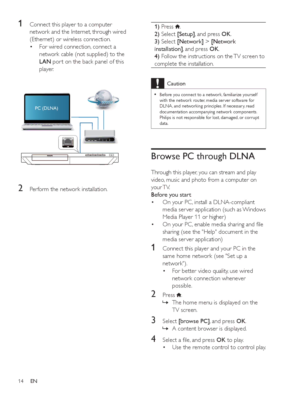 Philips BDP3480 user manual Browse PC through Dlna 