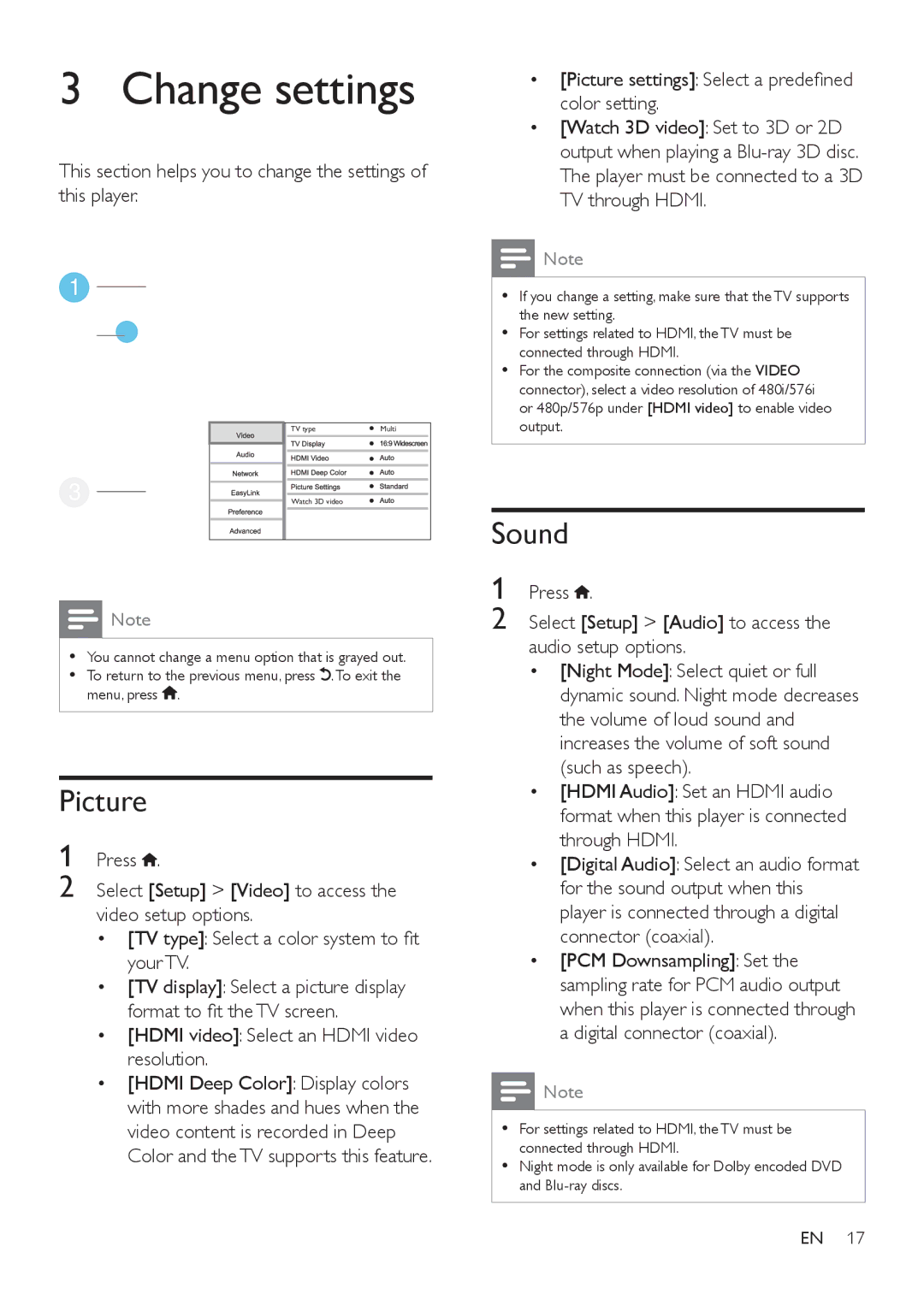 Philips BDP3480 user manual Change settings, Picture, Sound, Press Select Setup Video to access the video setup options 