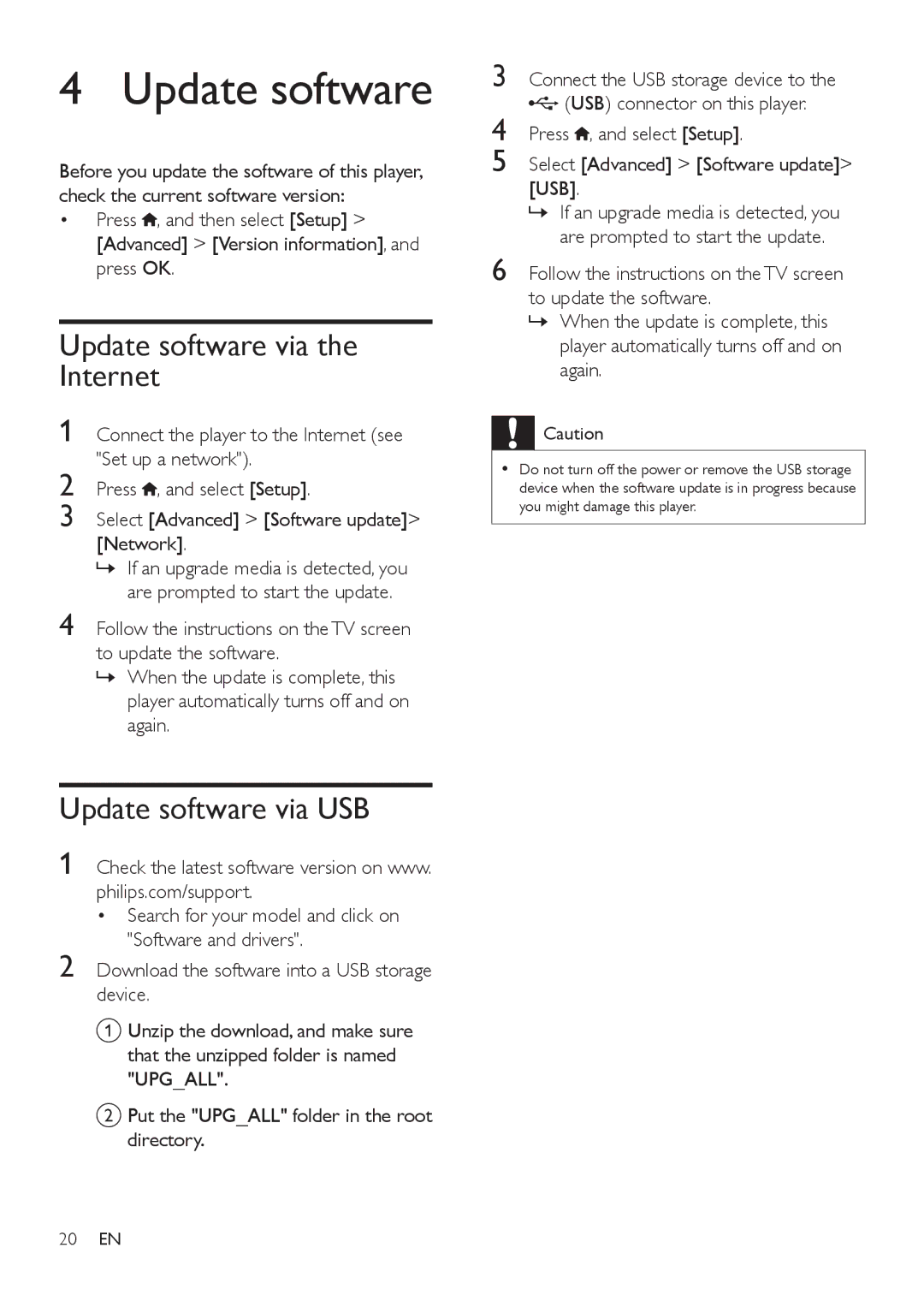 Philips BDP3480 user manual Update software via the Internet, Update software via USB, Network, Usb 