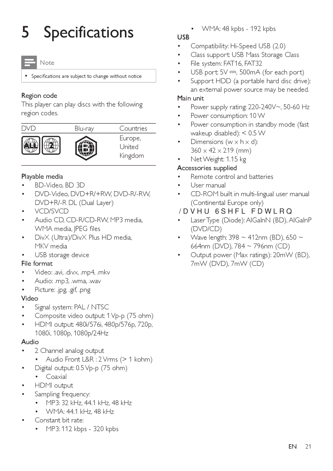 Philips BDP3480 user manual Specifications, Dvd, ‡ Vcd/Svcd, Usb, DVHU6SHFLÀFDWLRQ 