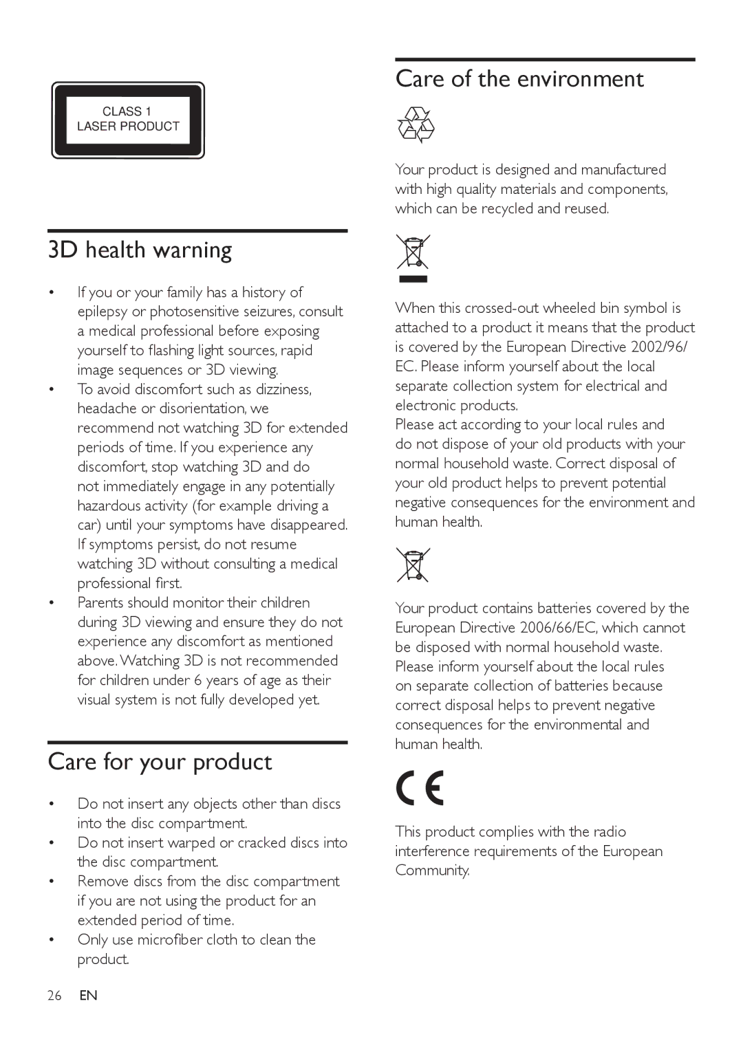 Philips BDP3480 user manual 3D health warning, Care for your product, Care of the environment, SurihvvlrqdoÀuvw 