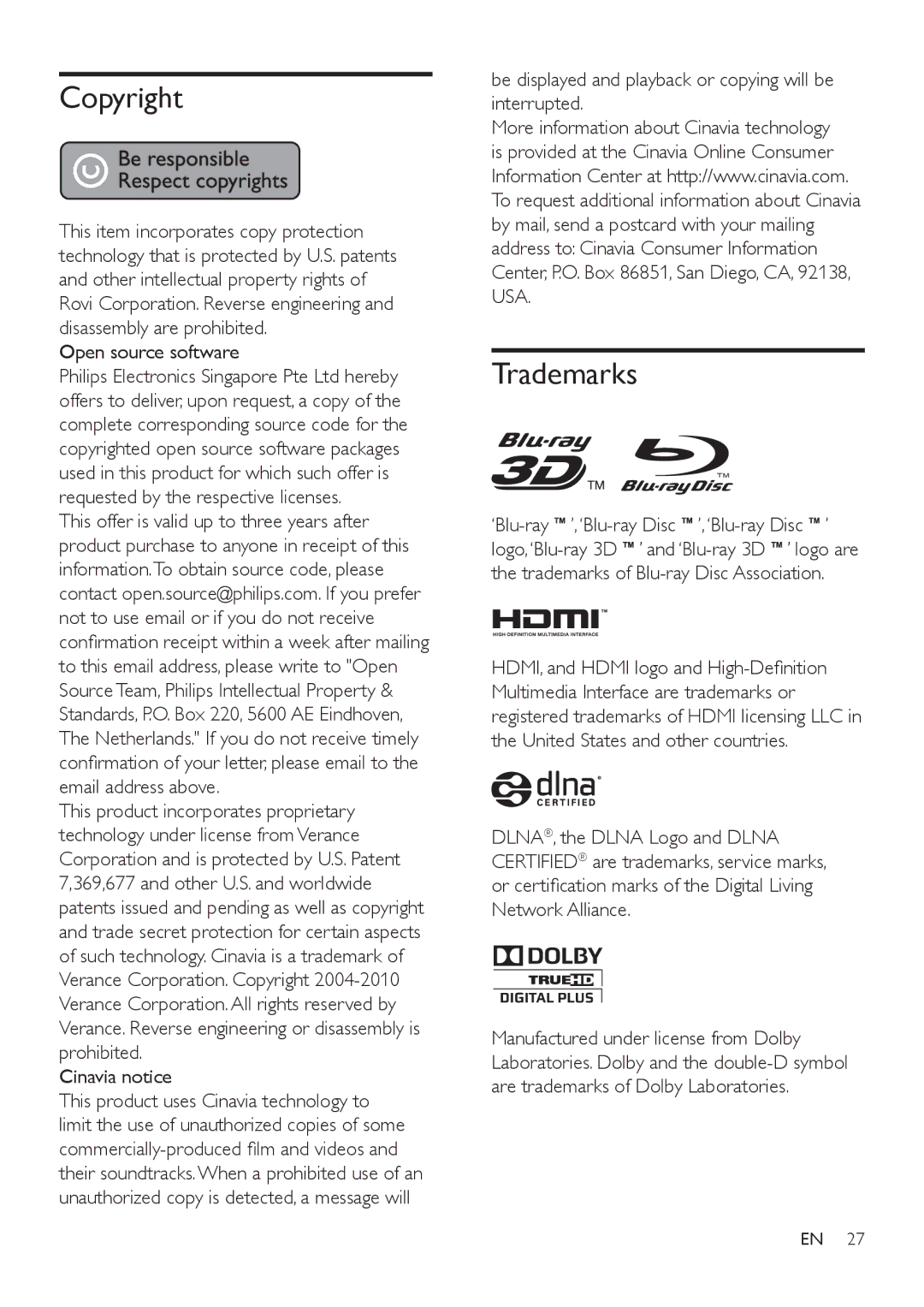 Philips BDP3480 user manual Copyright, Trademarks, Open source software, Cinavia notice 