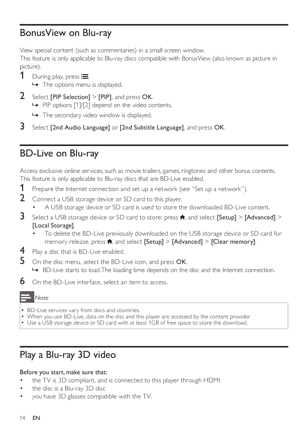 Philips BDP5200 user manual BonusView on Blu-ray, BD-Live on Blu-ray, Play a Blu-ray 3D video 