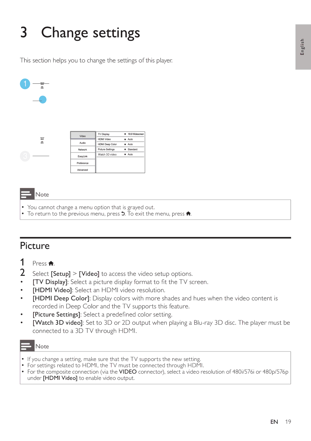 Philips BDP5200 user manual Change settings, Picture 