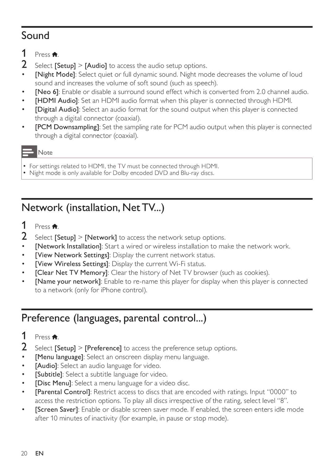Philips BDP5200 user manual Sound, Network installation, NetTV, Preference languages, parental control 