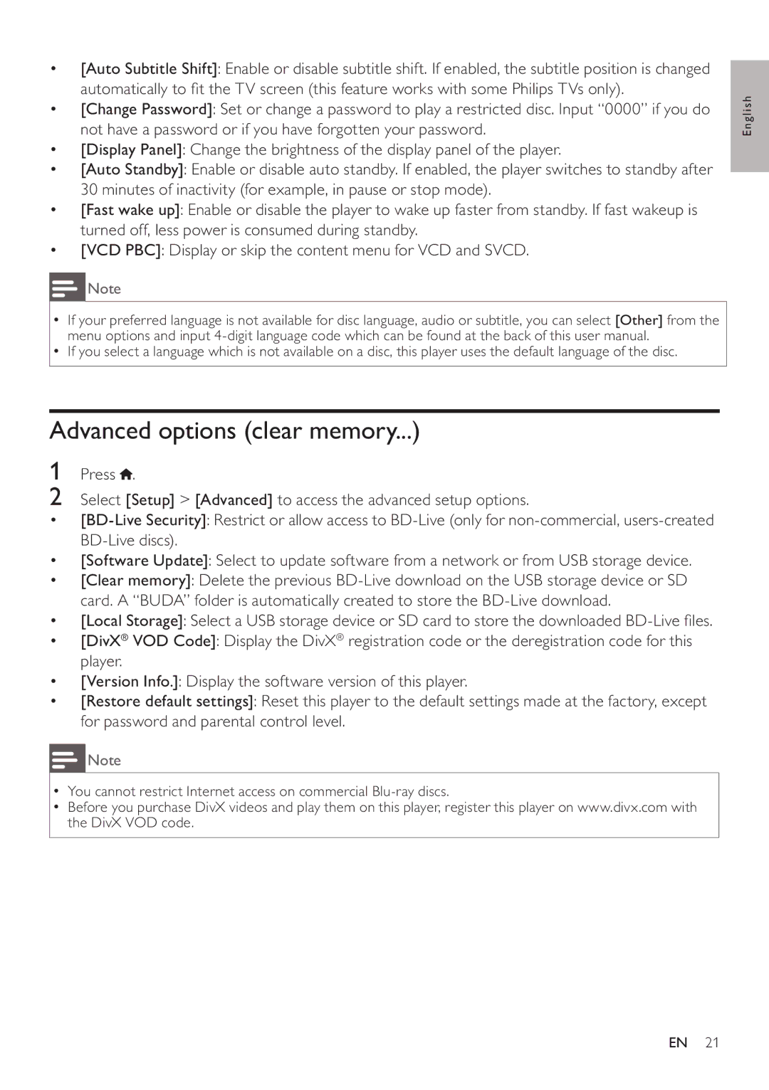 Philips BDP5200 user manual Advanced options clear memory 