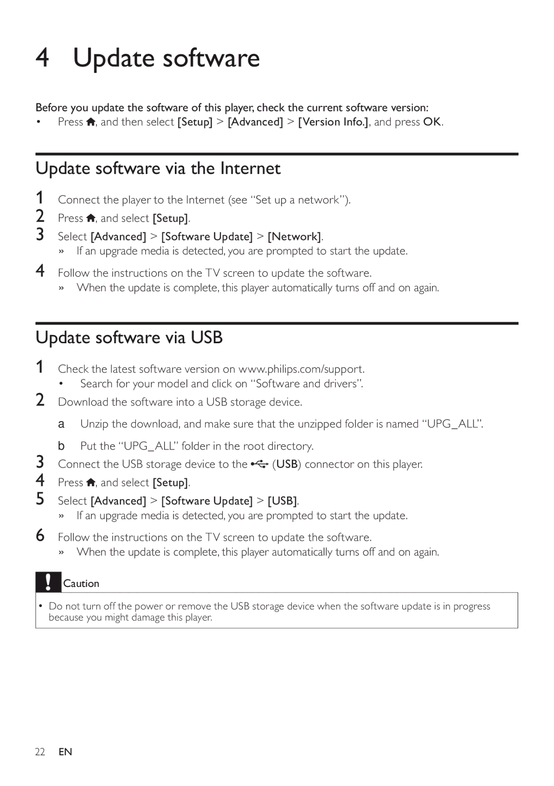 Philips BDP5200 user manual Update software via the Internet, Update software via USB 