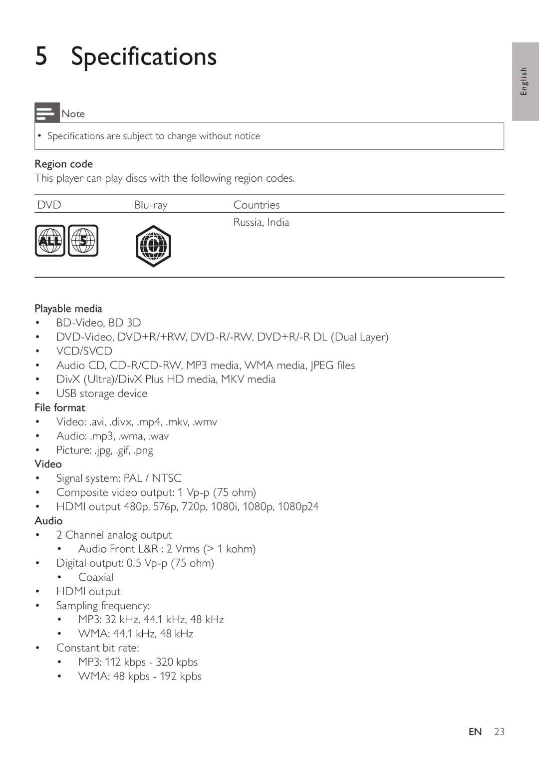 Philips BDP5200 user manual Specifications, Vcd/Svcd 