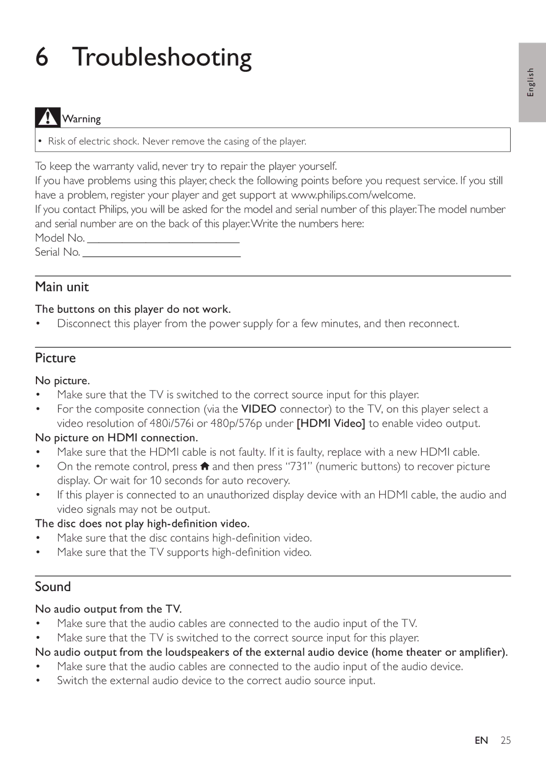 Philips BDP5200 user manual Troubleshooting, Main unit 