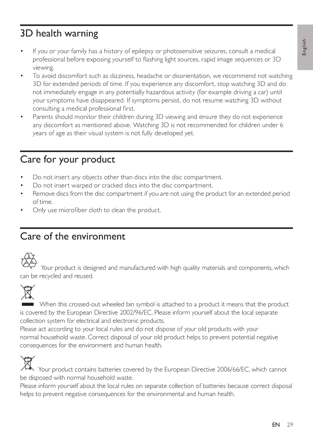 Philips BDP5200 user manual 3D health warning, Care for your product, Care of the environment 