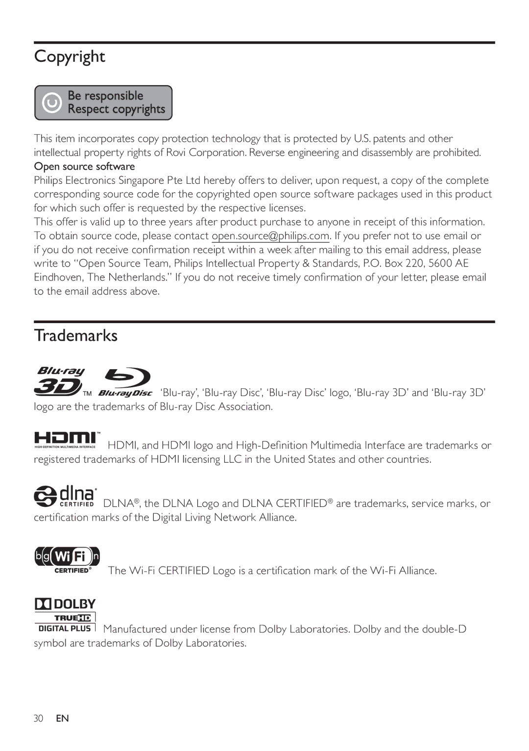 Philips BDP5200 user manual Copyright, Trademarks 