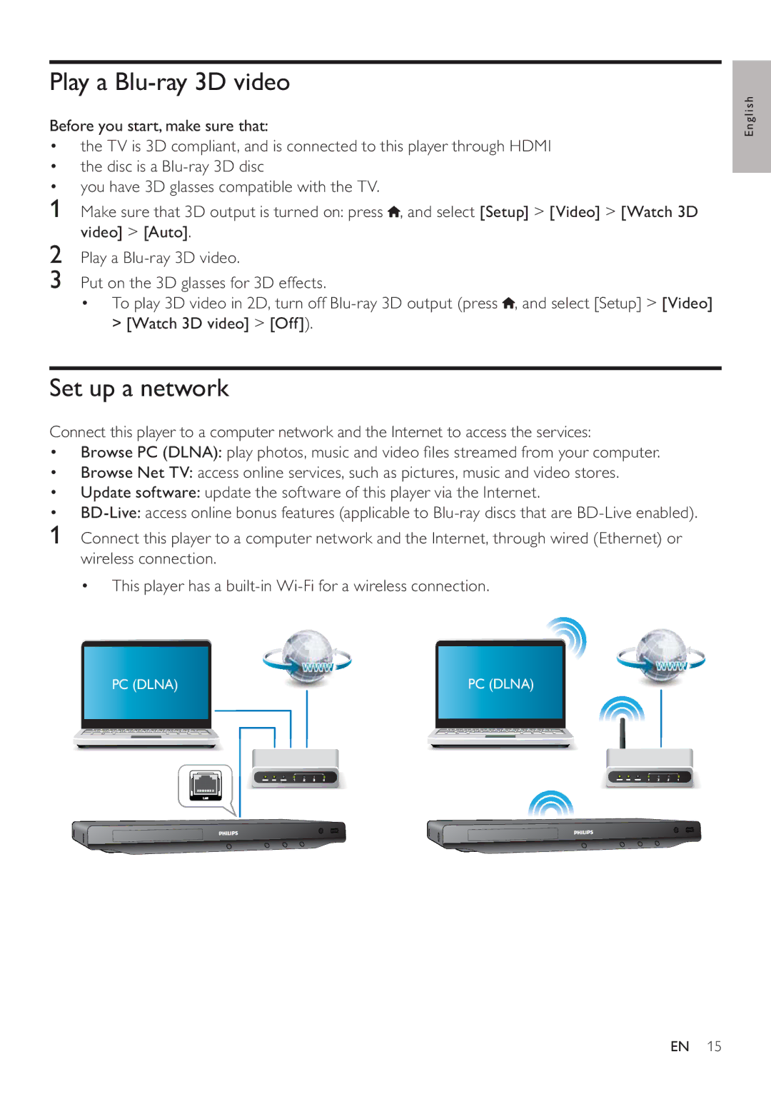 Philips BDP5200 user manual Play a Blu-ray 3D video, Set up a network 