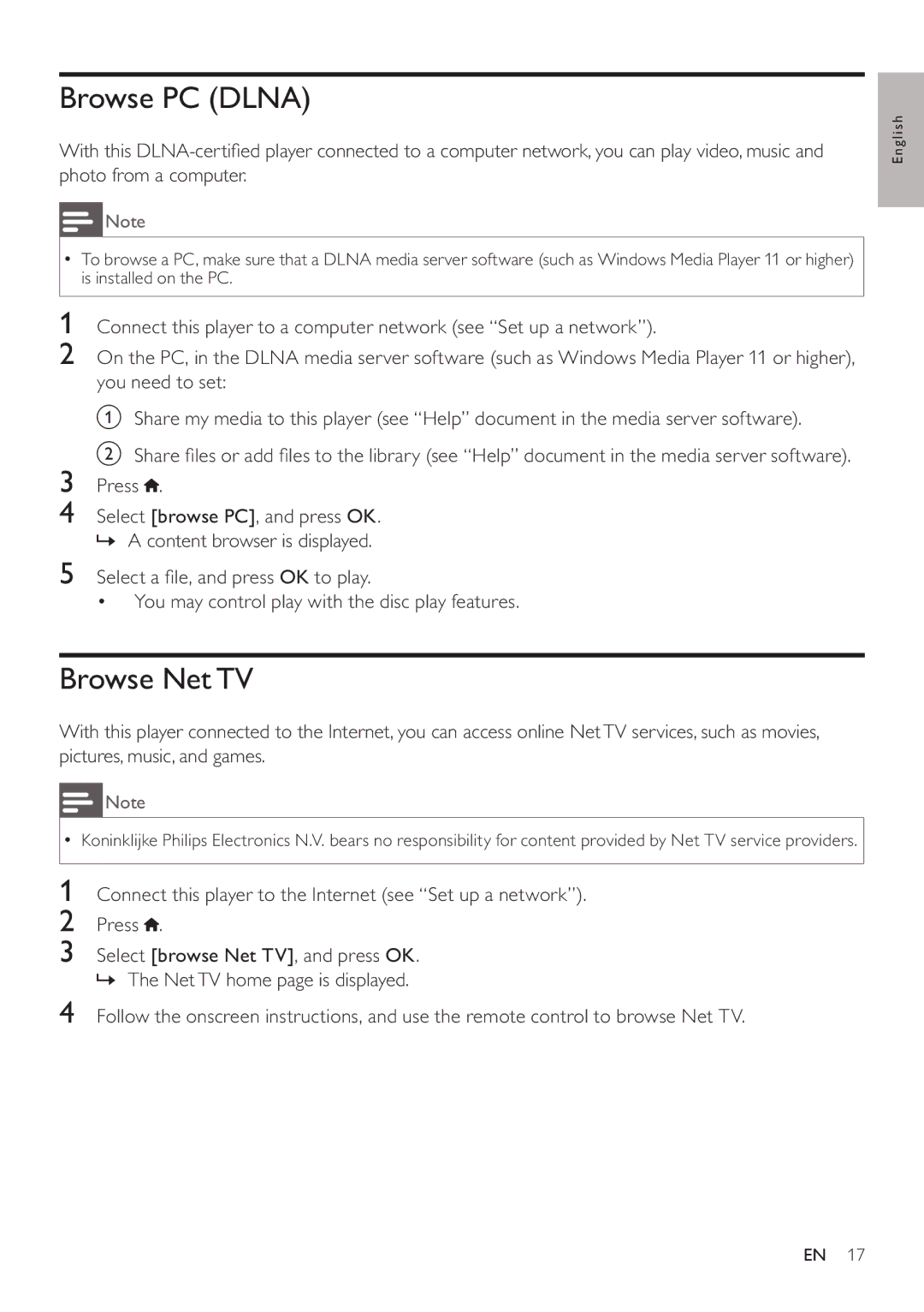 Philips BDP5200 user manual Browse PC Dlna, Browse NetTV 