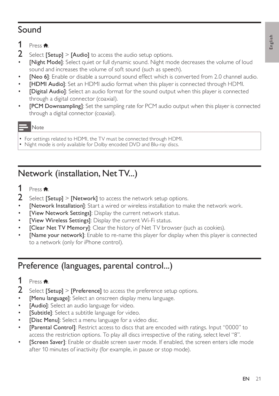 Philips BDP5200 user manual Sound, Network installation, NetTV, Preference languages, parental control 
