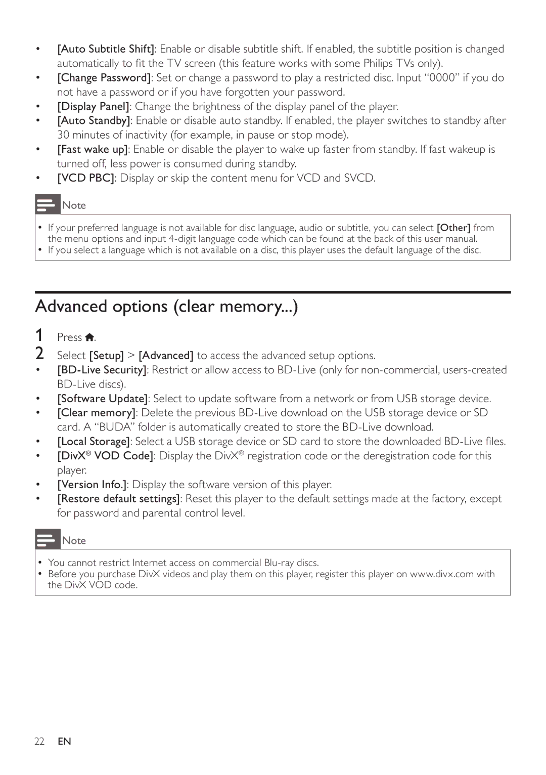 Philips BDP5200 user manual Advanced options clear memory 