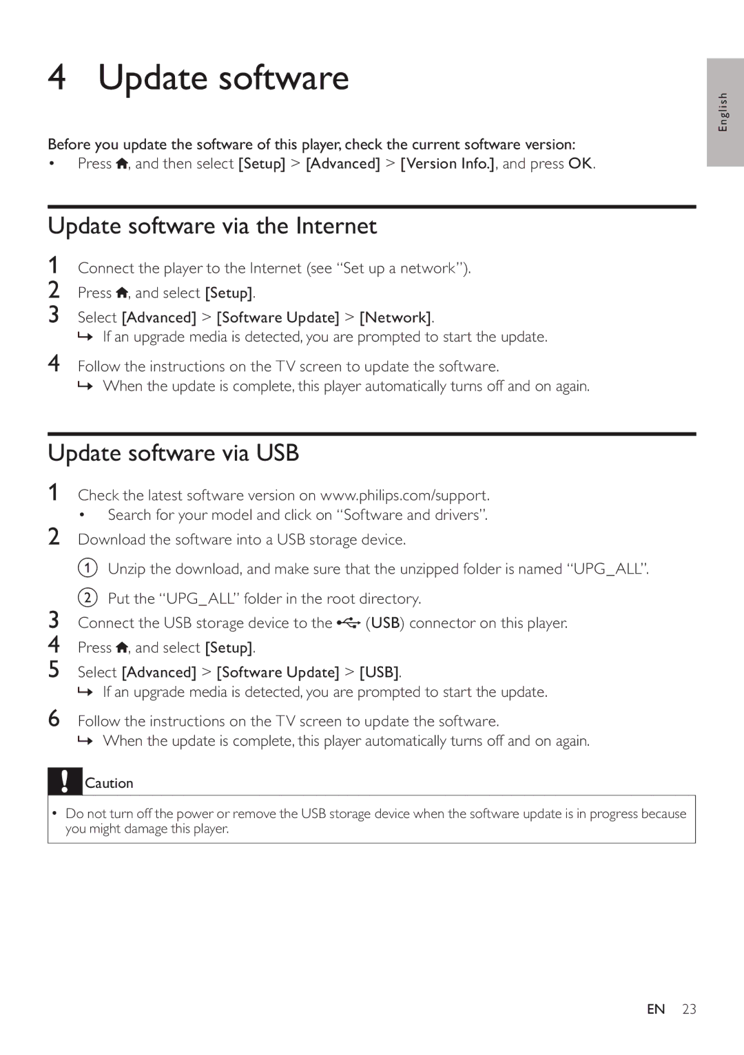 Philips BDP5200 user manual Update software via the Internet, Update software via USB 