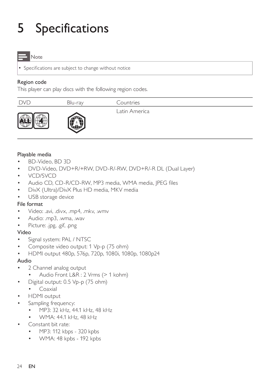 Philips BDP5200 user manual Specifications, Vcd/Svcd 