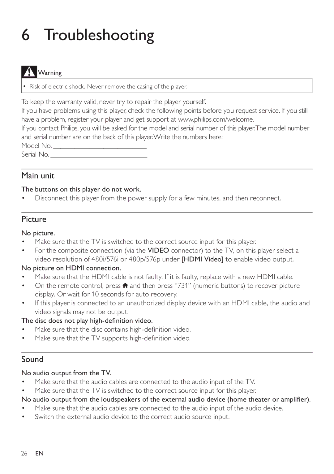 Philips BDP5200 user manual Troubleshooting, Main unit 