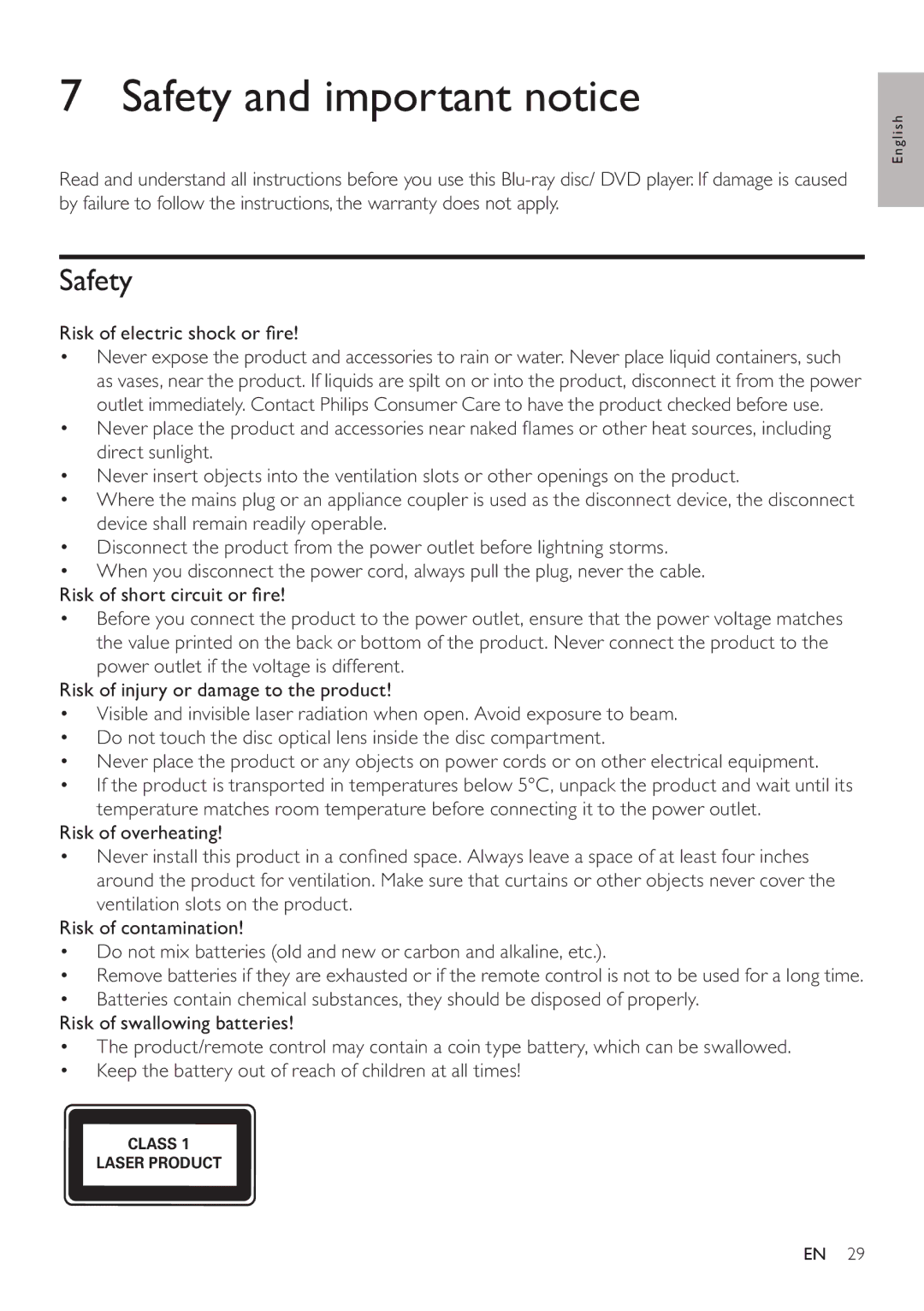 Philips BDP5200 user manual Safety and important notice 